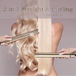 Titanium Hair Iron, Straightener and Curling Iron in one, Tourmaline Ceramic Flat Iron, Round Rotating Straightening Curler 1 inch, Travel Iron Dual V