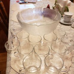 Vintage Arcoroc France Fleur Crystal Punch Bowl W/ Ladle and 12 Cup Set