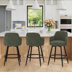 Swivel Bar Stools Set of 3, 26" Counter Height Bar Stools with Ergonomic Semi-Enclosed Back, Chenille Upholstered Barstools with Spring Cushion for Ki