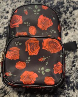 Selena, Como La Flor Black Mini Backpack with Red Rose Print