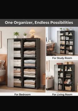 New Cube Storage Organizer with Sliding Dustproof Curtain, 5-Tier DIY Freestanding Bookshelf & Closet Wardrobe, Translucent Cover Storage Cabinet for