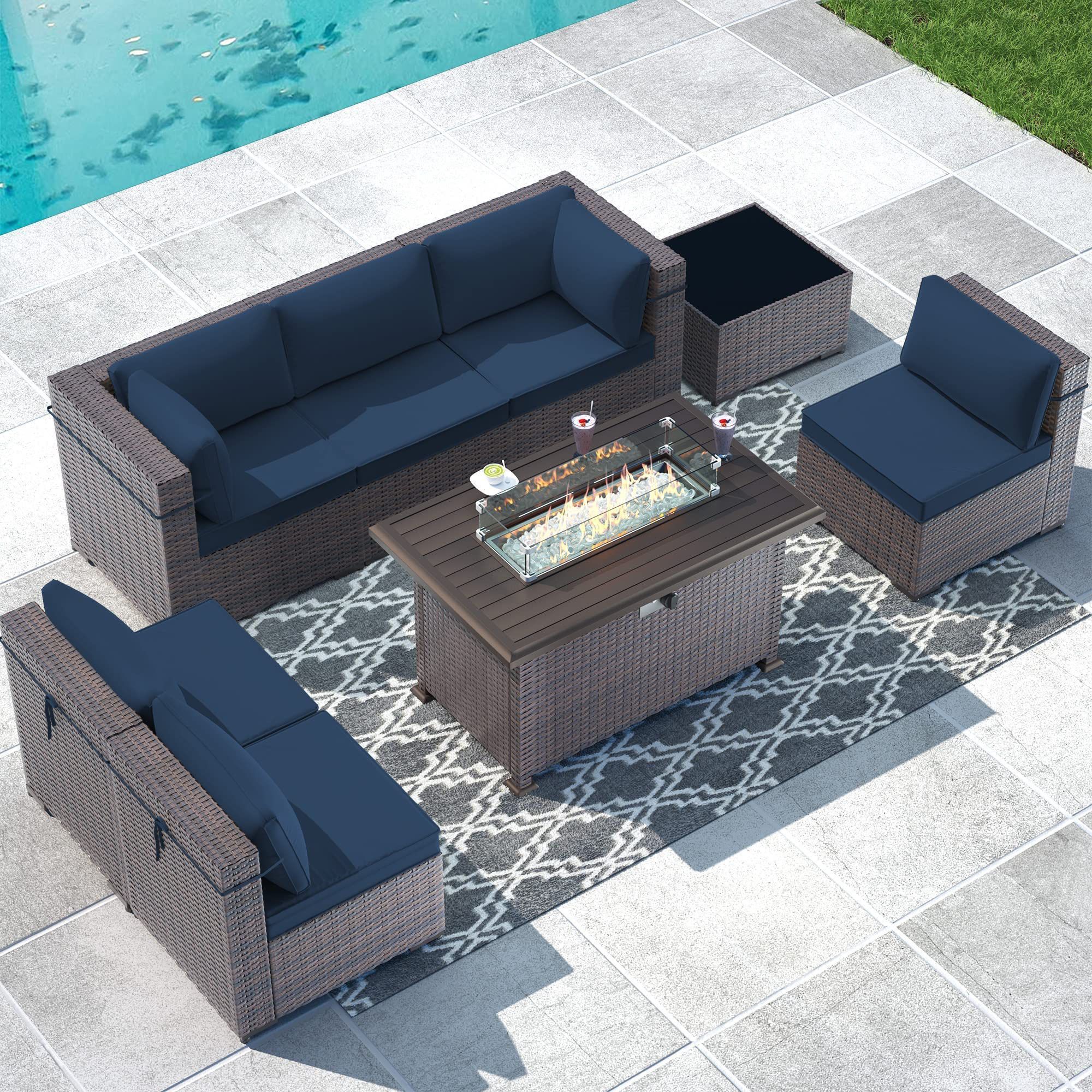 8-Pc - Navy Blue Outdoor Rattan Wicker Patio Sectional Set w/ Fire Pit Table [NEW]