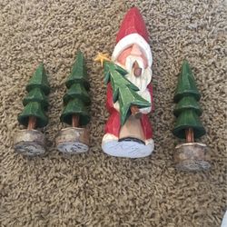 Hand Carved Santa And Trees