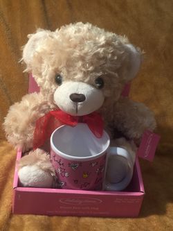 Holiday Home Plush10” Bear w/ 12oz. Pink/WHI. Mug