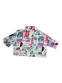 Abstract Face Print Cropped Button-Up Shirt Multicolor XL