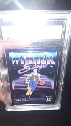 2018 KLAY THOMPSON DONRUSS OPTIC PURPLE PRIZM WINNER STAYS