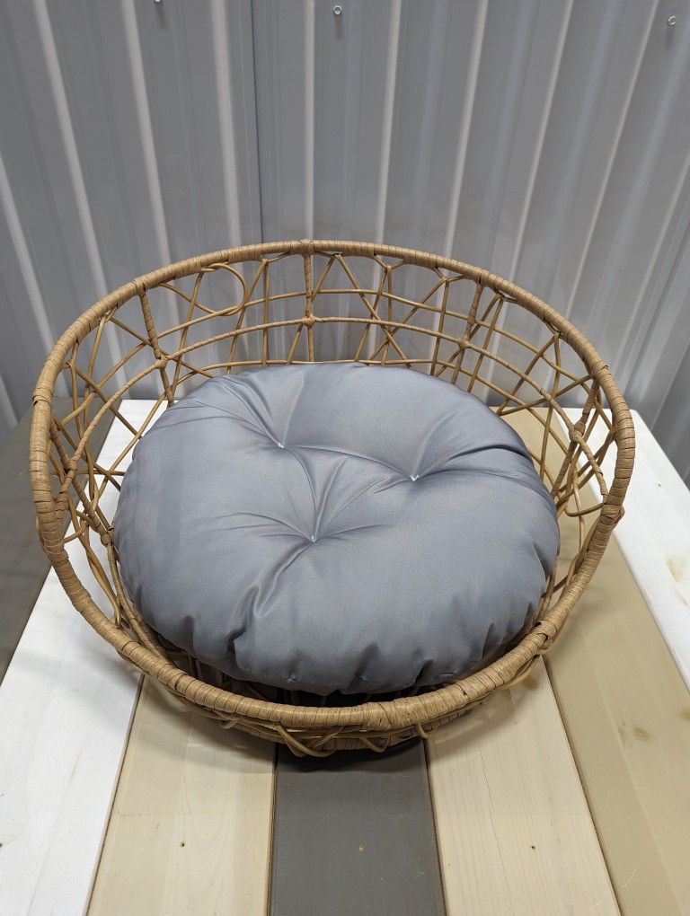 New Rattan Wicker Pet Bed Round Blue Cushion Small Dog Cat Dad Mom Gift Wipeaway
