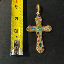 Antique Gold-Plated Sterling Silver Gemstone Byzantine Cross Pendant