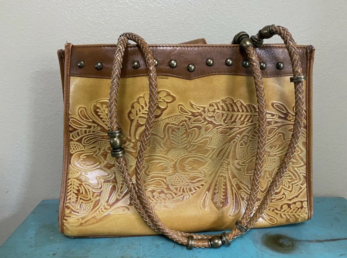 Tooled Leather Braided Strap Studded Shoulder Tote Hobo Purse Fabric Lined INDIA