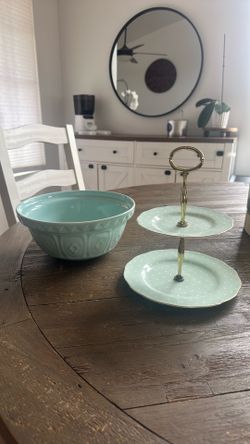 Teal ceramic Bowl and small Two-Tier Stand