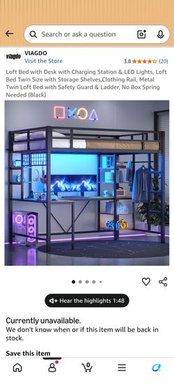 VIAGDO Loft Bed w/Desk, Charging Station, & LED Lights