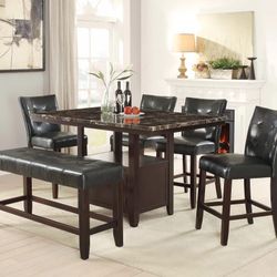 Brand New Espresso 6pc Counter Height Dining Table Set w Marble Top 