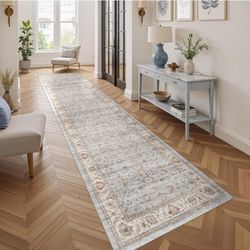  3x10 Runner Rugs for Hallway Bathroom: Machine Washable Non Slip Vintage Carpet - Low Pile Lightweight Print Rug