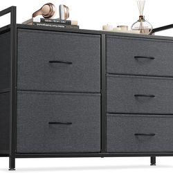 Cubiker Dresser for Bedroom with 5 Drawers, Wide Chest of Drawers, Organizer Unit with Fabric Bins for Bedroom, Hallway, Entryway, Closets, Wood Top, 