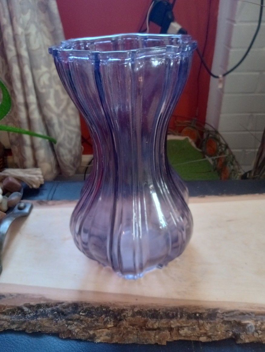 Vintage Purple Hourglass Shaped Glass Vase With Acorn Logo On Bottom