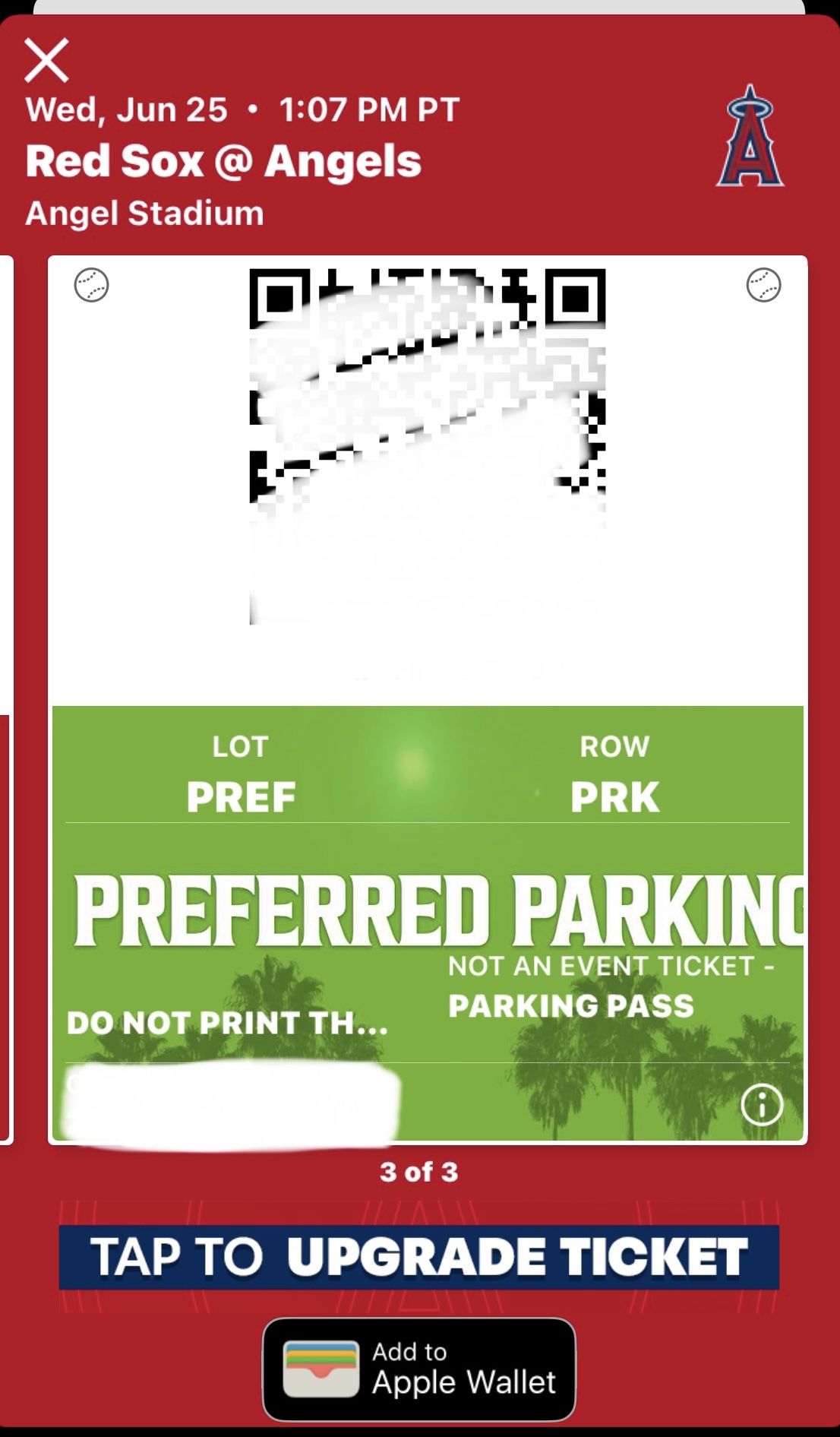 LA Angels Baseball vs Boston Red Sox Wed June 25 - Preferred Parking Pass / Ticket