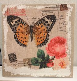 🌸Pending Pickup🌸 16” X 16” Butterfly and Rose Canvas Art