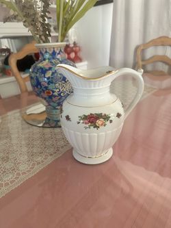 White Porcelain Pitcher with Floral and Gold Trim