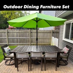 Plank & Hide Co. Outdoor Dining Furniture Set with seating for 8 Patio Table Swivel Chairs & Bench Seating Umbrella with Base Stand 