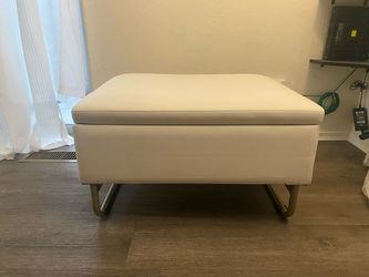 White Leather Storage Ottoman with Metal Base