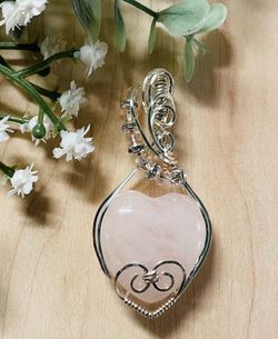 Rose Quartz Heart Pendant|Handmade Wire Wrapped Necklace|Silver Tone Wire|Crystal Accents|2.5 inches