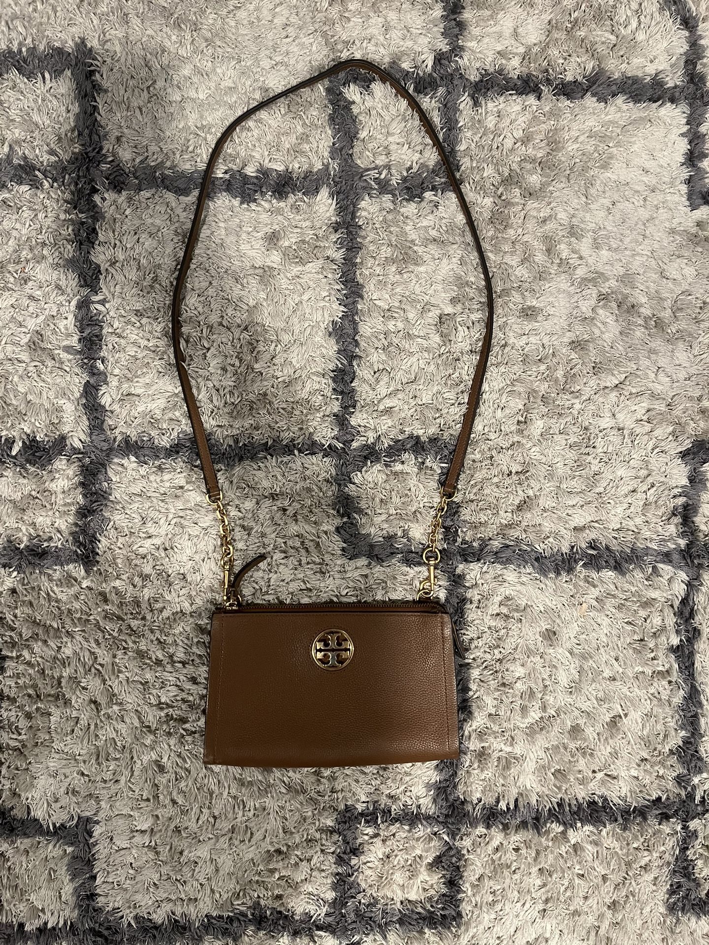 Tory Burch Carson Zip Pebbled Brown Leather Gold Chain Strap Crossbody Bag