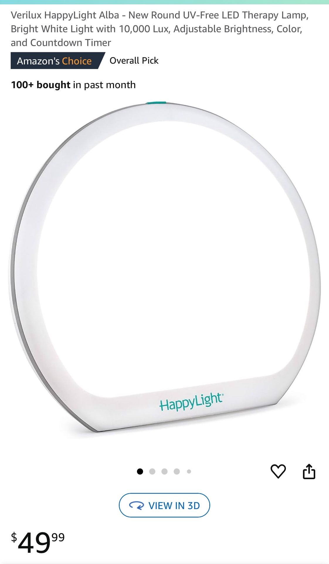 Verilux HappyLight Alba - New Round UV-Free LED Therapy Lamp, Bright White Light with 10,000 Lux, Adjustable Brightness, Color, and Countdown Timer