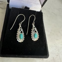 925 Sterling Silver , Turquoise Earrings , Marked Sterling On The Back Of Each Earring , Good Condition, Hook Dangle Earrings , Lightweight. 