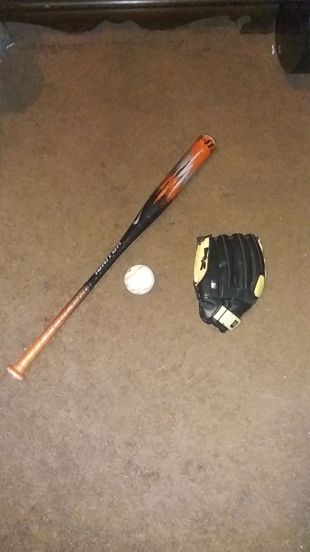 Baseball bat, baseball, baseball glove