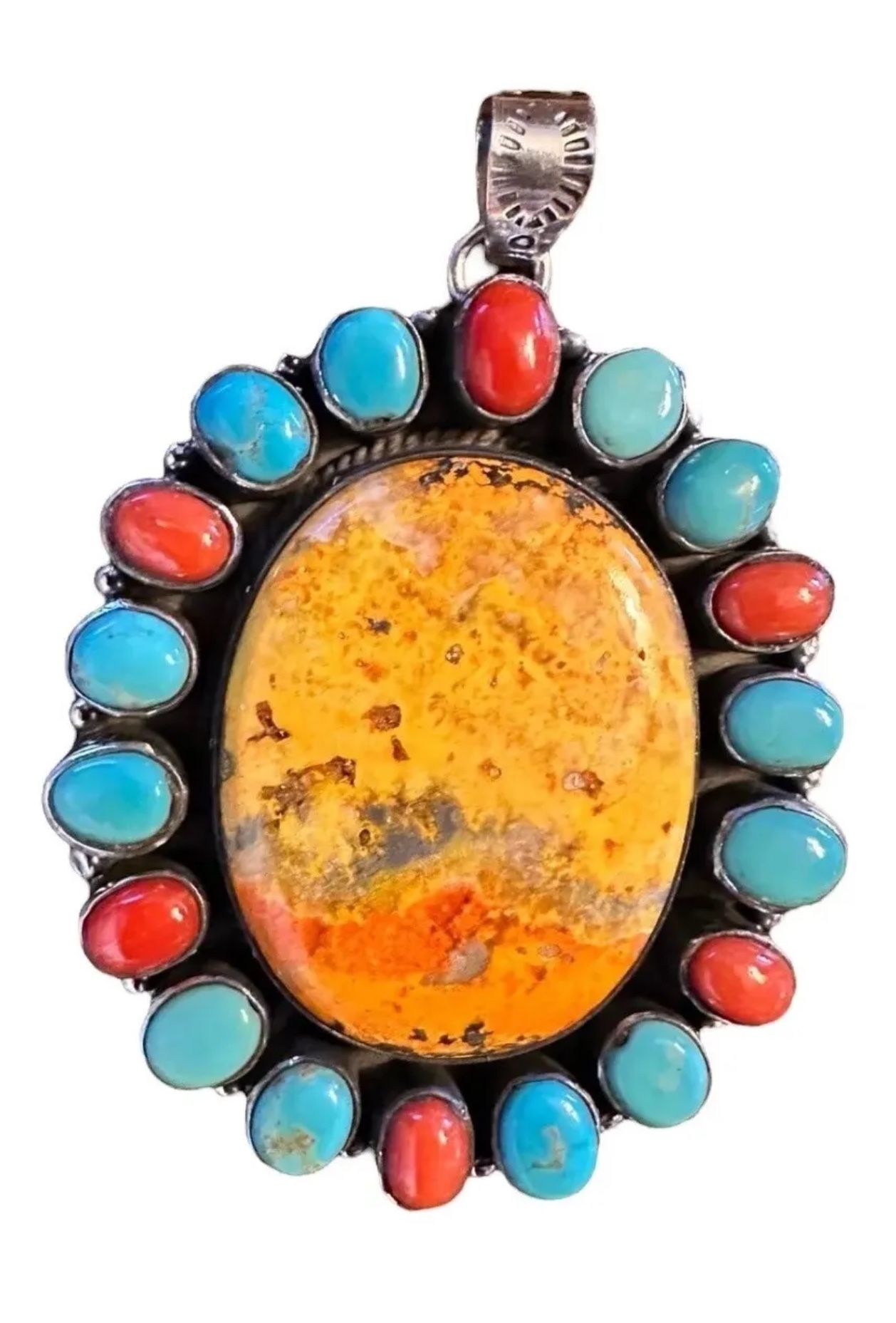 Vintage Navajo Sterling Turquoise Coral Bumble Bee Jasper Cluster Pendant