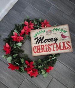 ✅️ Christmas 18" Wreath w/ 9inx14in Sign• Good Condition• $12firm