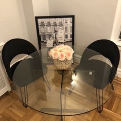 West Elm Glass Table + 2 Black Suede Chairs