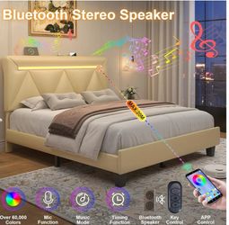 King Bed Frame with Headboard,Upholstered Platform Bed Fram king Size with Charging Station & LED Lights,Wooden Slats Support