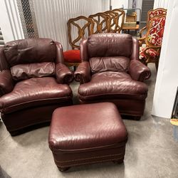 2 Leather Club Chairs 1 Ottoman 