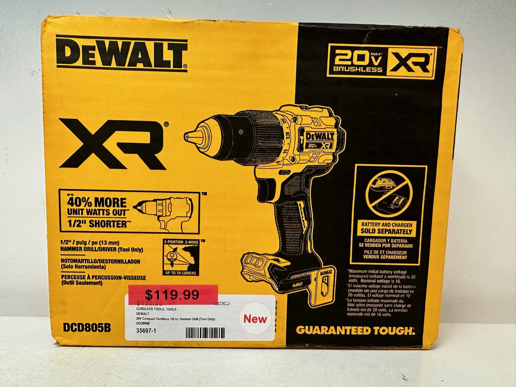 DEWALT DCB805B 20 V MAX XR Li -Ion 1/2” Hammer Drill Tool Only