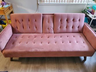 Pink Velvet Futon Sofa Bed / Convertible Couch with Cup Holders