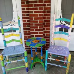 3 Pc  Folk Art Hand painted Ladder back Table Chairs 