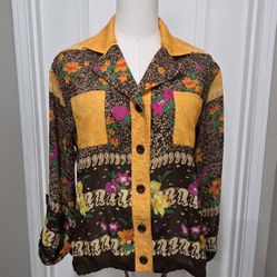 Addenda 9-Tokyo Vintage Floral Silk/Polyester Womens Button-Up Shirt SIZE S 