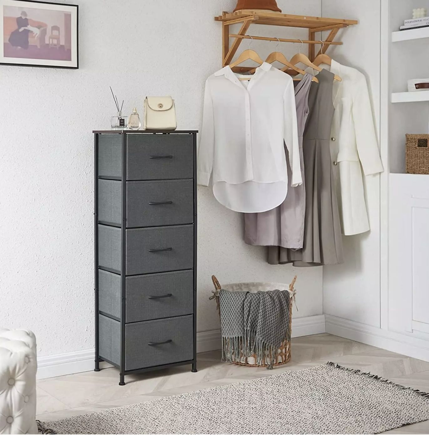 Tall Dresser with 5 FABRIC Drawers, Storage Chest of Drawers with Removable Fabric Bins for Closet Bedside BEDROOM Laundry Living Room Entryway 