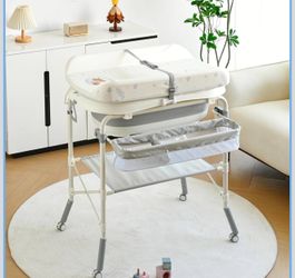 2-in-1 Baby Bathtub with Changing Table, Foldable Diaper Changing Station with 4 Wheels, Waterproof Pad, Storage Rack and Baby Bath Tub, Adjustable He