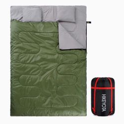 HIKEYOTA Double Sleeping Bag with Pillow, Portable Lightweight 2 Person Sleeping Bag for Adult, Waterproof Camping Sleeping Bag for Hiking, Backpackin