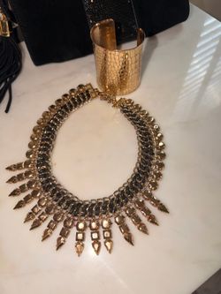 BCBG Gold and Black Leather Heavy - Bib necklace by itself