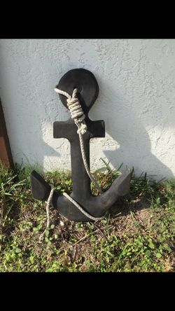 Solid wood hand crafted anchor with rope