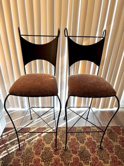 Two Black MCM Mid Century Modern Wrought Iron Barstools