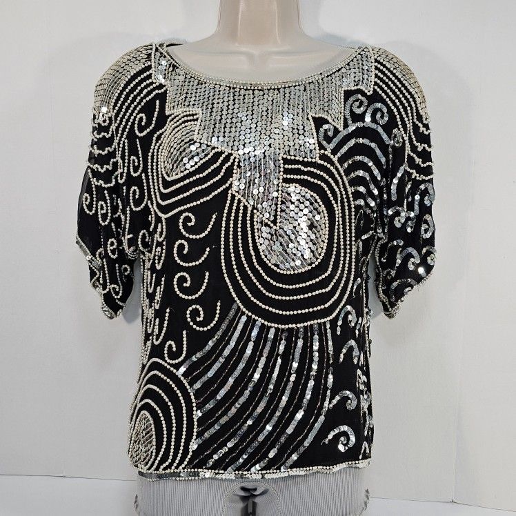 Vintage Swee Lo Silk Sequin Beaded Top PL Black Silver Art Deco Party Blouse