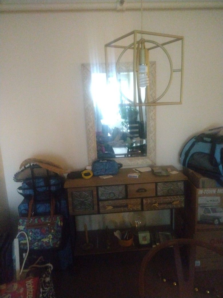 Glass Table, 2 Chairs, Mirror, Buffet Table And Wall Art And Hanging Lamp 