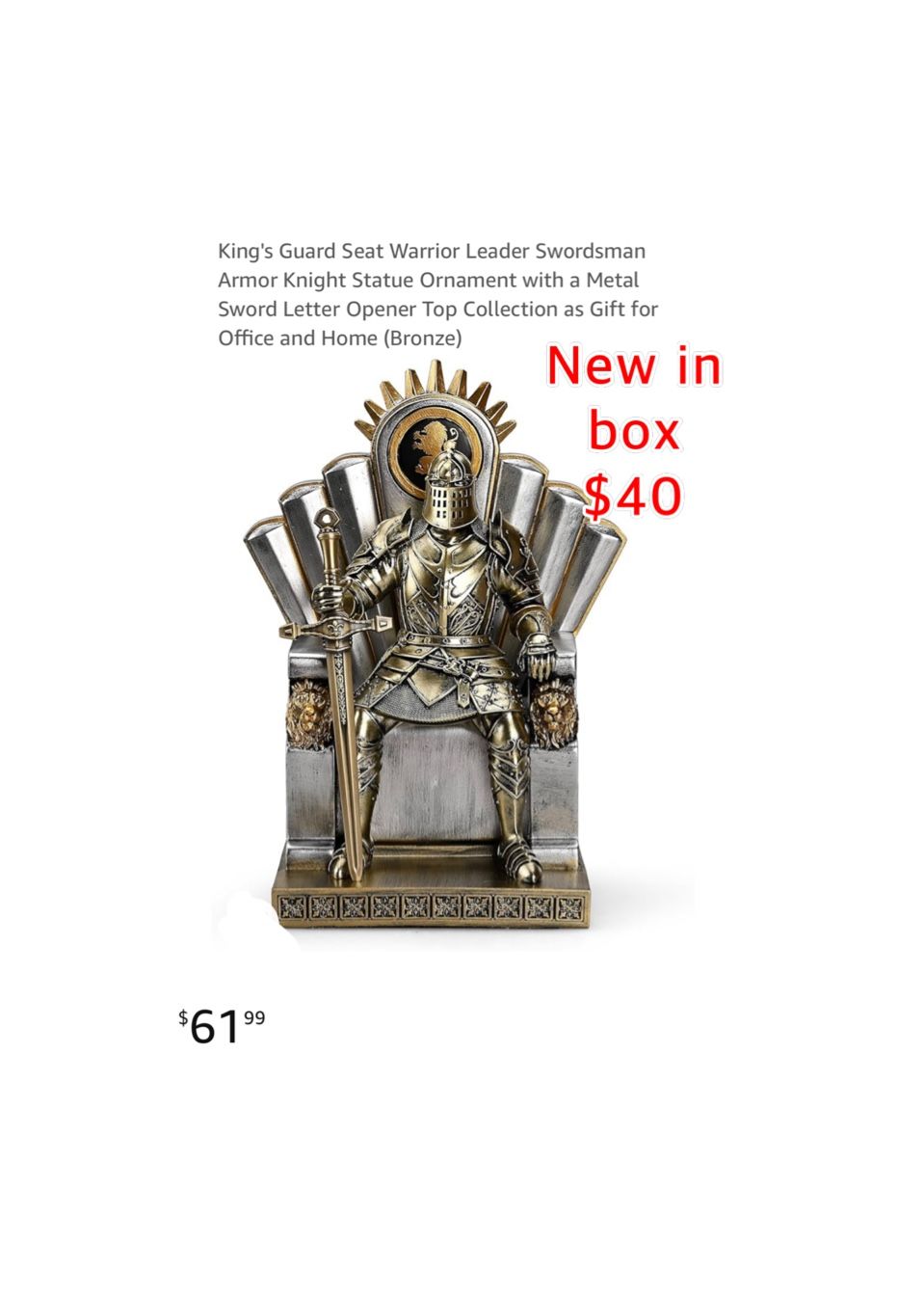 New King's Guard Seat Warrior Leader Swordsman Armor Knight Statue with a Metal Sword Letter Opener Top Collection as Gift for Office and Home $40