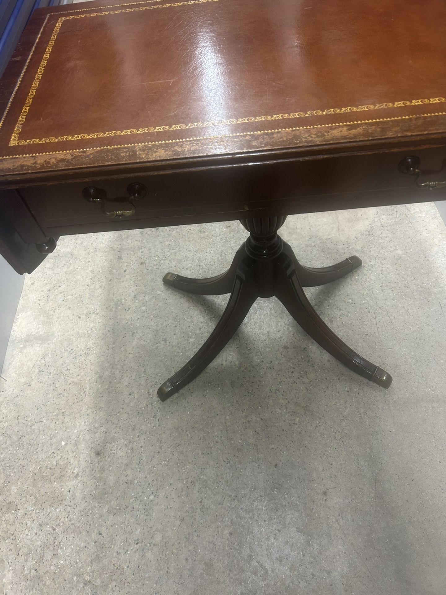 Antique Droplet Table Mahogany Leather Top 30 Inches Tall I Great Shape Brass Feet
