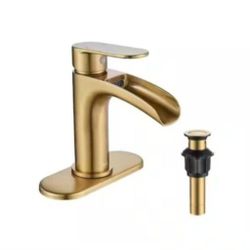 FORIOUS Waterfall Single Handle Bathroom Faucet with Metal Pop-up Drain, Bathroom Sink Faucet Gold in Bathroom