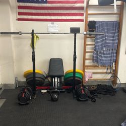 Garage Gym Setup (Olympic barbell, Adjustable Bench, Power Rack, Bumper Plates, Kettlebell)